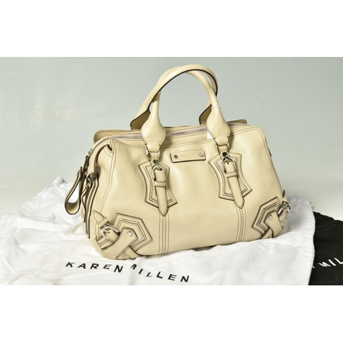 586 - KAREN MILLEN: TWO LEATHER HANDBAGS: a tan leather handbag with removable shoulder strap, silver tone... 
