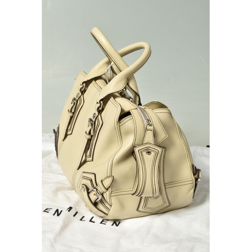 586 - KAREN MILLEN: TWO LEATHER HANDBAGS: a tan leather handbag with removable shoulder strap, silver tone... 