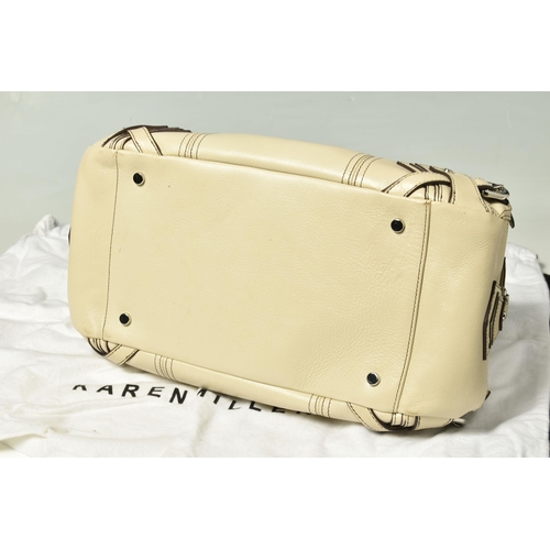 586 - KAREN MILLEN: TWO LEATHER HANDBAGS: a tan leather handbag with removable shoulder strap, silver tone... 