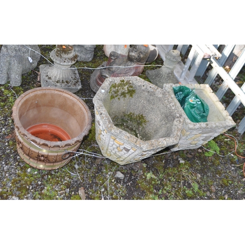 5 - THREE MODERN GARDEN PLANTERS, including two concrete planters with stone wall effect to sides, and a... 