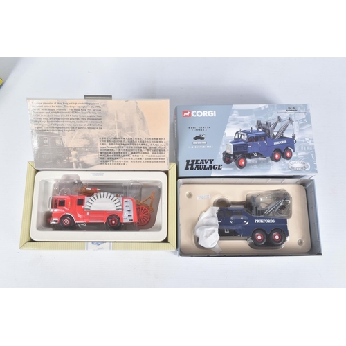 15 - TEN BOXED CORGI DIECAST MODEL TRANSPORT VEHICLES, to include a Hong Kong AEC Fire Engine no. 21802, ... 