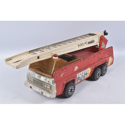 54 - THREE TONKA TOYS AERIAL LADDER FIRE TRUCKS, all ladders raise lower and turn, one with working damag... 