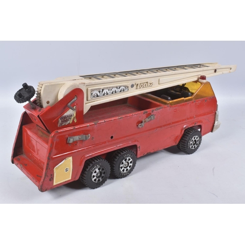 54 - THREE TONKA TOYS AERIAL LADDER FIRE TRUCKS, all ladders raise lower and turn, one with working damag... 