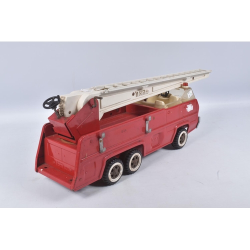 54 - THREE TONKA TOYS AERIAL LADDER FIRE TRUCKS, all ladders raise lower and turn, one with working damag... 