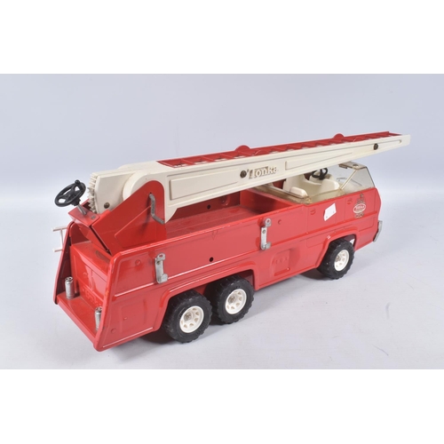 54 - THREE TONKA TOYS AERIAL LADDER FIRE TRUCKS, all ladders raise lower and turn, one with working damag... 
