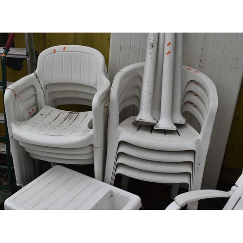 12 - A SELECTION OF WHITE PLASTIC GARDEN FURNITURE, to include a rectangular table, two sets of four stac... 