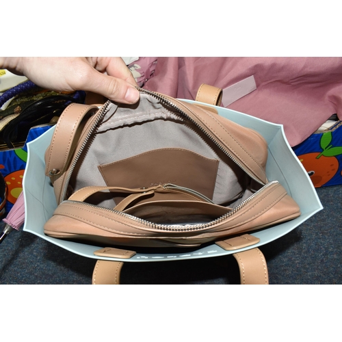 456 - FOUR BOXES AND LOOSE ASSORTED BAGS, ACCESSORIES, AND CASES to include two Radley material tote bags ... 