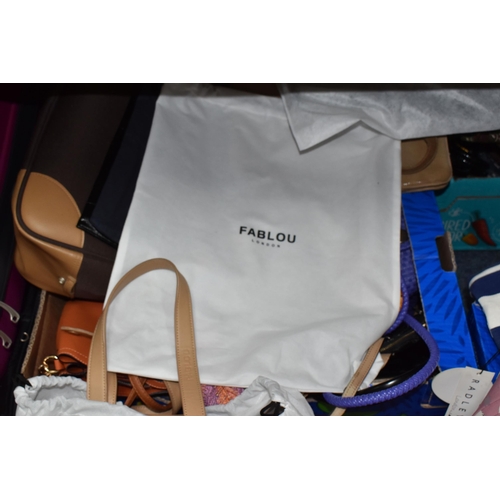 456 - FOUR BOXES AND LOOSE ASSORTED BAGS, ACCESSORIES, AND CASES to include two Radley material tote bags ... 