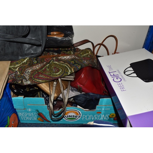 456 - FOUR BOXES AND LOOSE ASSORTED BAGS, ACCESSORIES, AND CASES to include two Radley material tote bags ... 