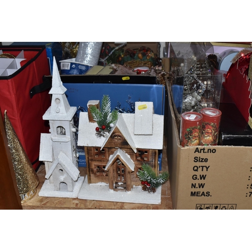 481 - FIVE BOXES AND LOOSE CHRISTMAS-RELATED ITEMS to include a boxed 6ft artificial Christmas tree, anoth... 