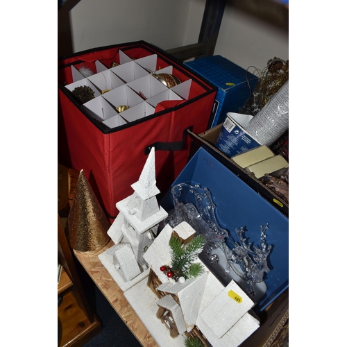 481 - FIVE BOXES AND LOOSE CHRISTMAS-RELATED ITEMS to include a boxed 6ft artificial Christmas tree, anoth... 