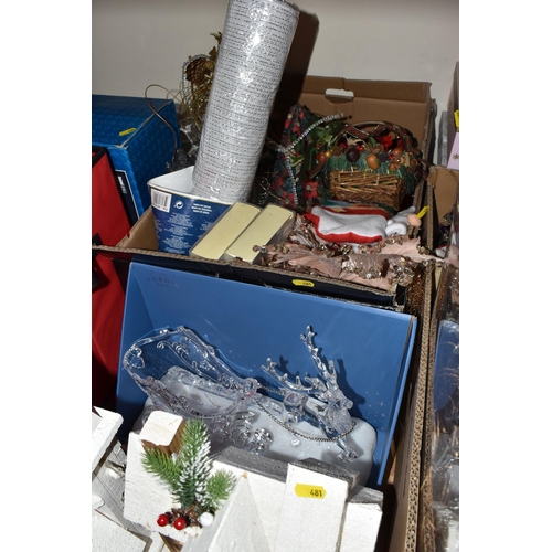 481 - FIVE BOXES AND LOOSE CHRISTMAS-RELATED ITEMS to include a boxed 6ft artificial Christmas tree, anoth... 