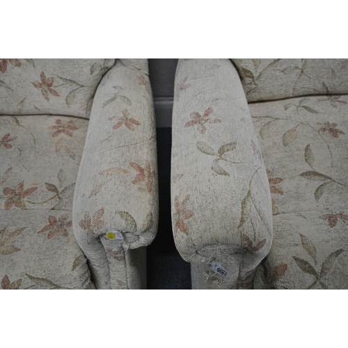 151 - A BEIGE AND FOLIATE UPHOLSTERED THREE PIECE WING BACK LOUNGE SUITE, comprising a three seater sofa, ... 