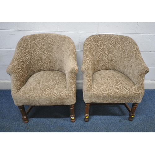 155 - A PAIR OF EARLY 2OTH CENTURY TUB CHAIRS, with foliate upholstery, raised on oak legs, width 67cm x d... 