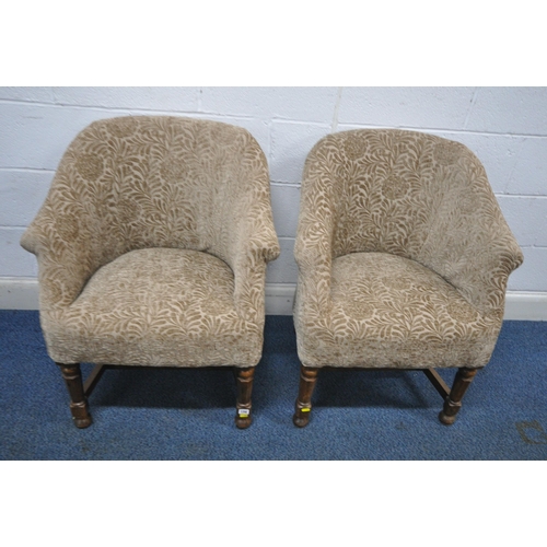 156 - A PAIR OF EARLY 2OTH CENTURY TUB CHAIRS, with foliate upholstery, raised on oak legs, width 67cm x d... 