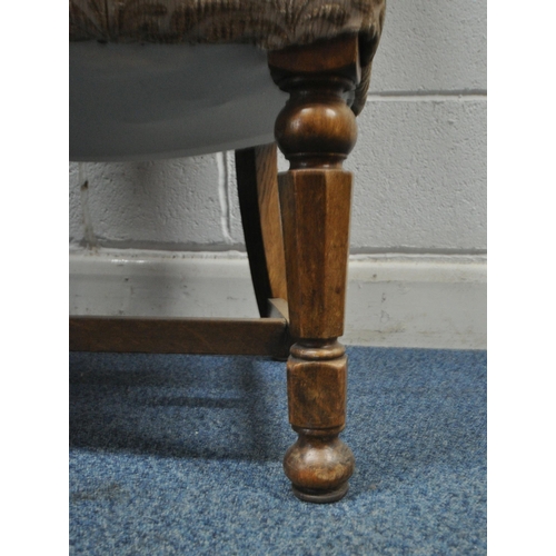 156 - A PAIR OF EARLY 2OTH CENTURY TUB CHAIRS, with foliate upholstery, raised on oak legs, width 67cm x d... 