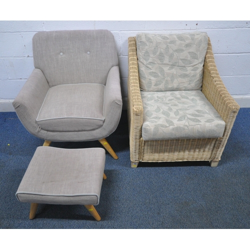 157 - A WICKER ARMCHAIR, width 72cm x depth 87cm x height 80cm, along with a Dunelm armchair and matching ... 