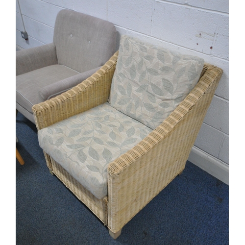 157 - A WICKER ARMCHAIR, width 72cm x depth 87cm x height 80cm, along with a Dunelm armchair and matching ... 