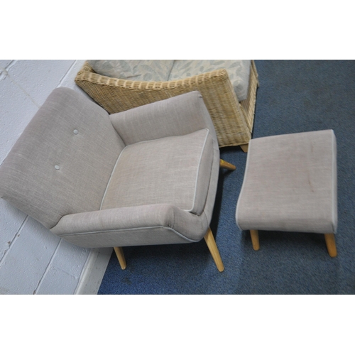 157 - A WICKER ARMCHAIR, width 72cm x depth 87cm x height 80cm, along with a Dunelm armchair and matching ... 
