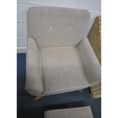 157 - A WICKER ARMCHAIR, width 72cm x depth 87cm x height 80cm, along with a Dunelm armchair and matching ... 