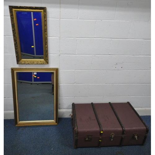 170 - TWO GILT WOOD RECTANGULAR WALL MIRRORS, largest 89cm x 63cm, along with a travelling trunk, conditio... 