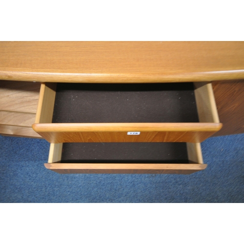 178 - SKOVBY, A MID-CENTURY TEAK SIDEBOARD, with overhanding ends, fitted with five drawers, flanked by tw... 