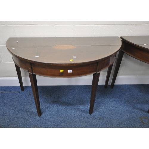 180 - A PAIR OF GEORGIAN MAHOGANY D-END TABLES, each with central shell inlay, raised on square tapered le... 