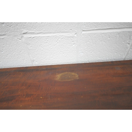 180 - A PAIR OF GEORGIAN MAHOGANY D-END TABLES, each with central shell inlay, raised on square tapered le... 