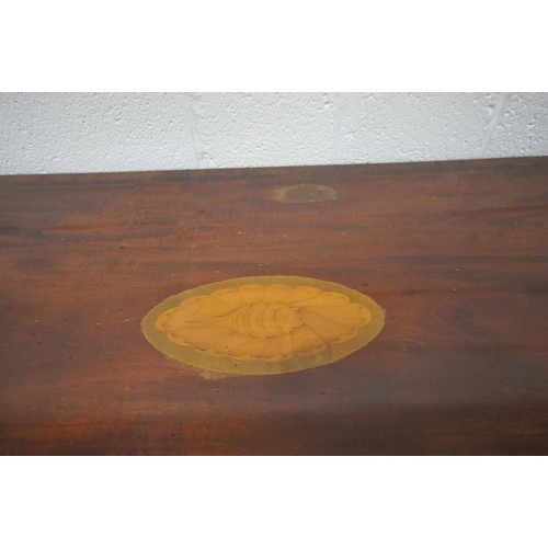 180 - A PAIR OF GEORGIAN MAHOGANY D-END TABLES, each with central shell inlay, raised on square tapered le... 