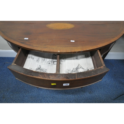 180 - A PAIR OF GEORGIAN MAHOGANY D-END TABLES, each with central shell inlay, raised on square tapered le... 