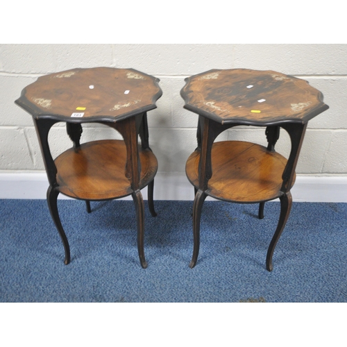 181 - A PAIR OF EARLY 20TH CENTURY ROSEWOOD TWO TIER OCCASIONAL TABLES, with scrolled and fish detailed in... 