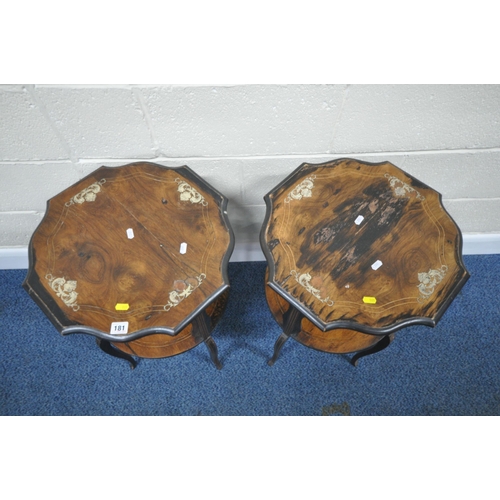 181 - A PAIR OF EARLY 20TH CENTURY ROSEWOOD TWO TIER OCCASIONAL TABLES, with scrolled and fish detailed in... 