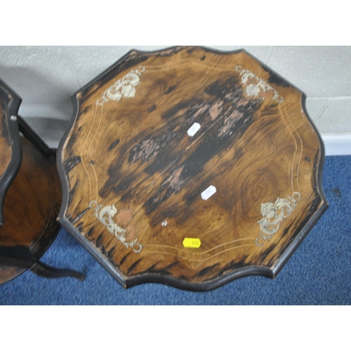 181 - A PAIR OF EARLY 20TH CENTURY ROSEWOOD TWO TIER OCCASIONAL TABLES, with scrolled and fish detailed in... 