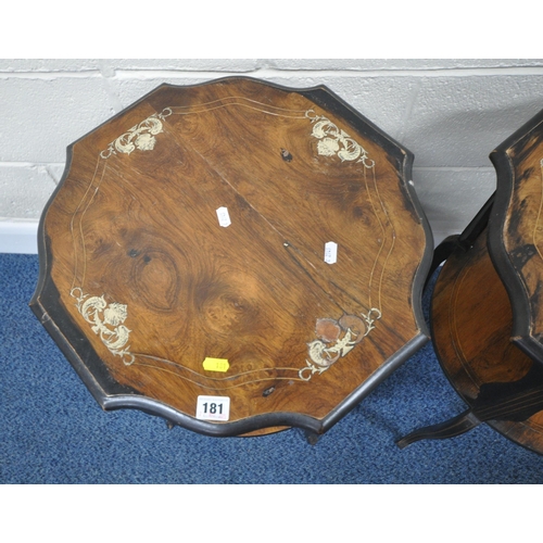 181 - A PAIR OF EARLY 20TH CENTURY ROSEWOOD TWO TIER OCCASIONAL TABLES, with scrolled and fish detailed in... 