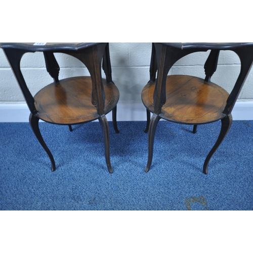 181 - A PAIR OF EARLY 20TH CENTURY ROSEWOOD TWO TIER OCCASIONAL TABLES, with scrolled and fish detailed in... 