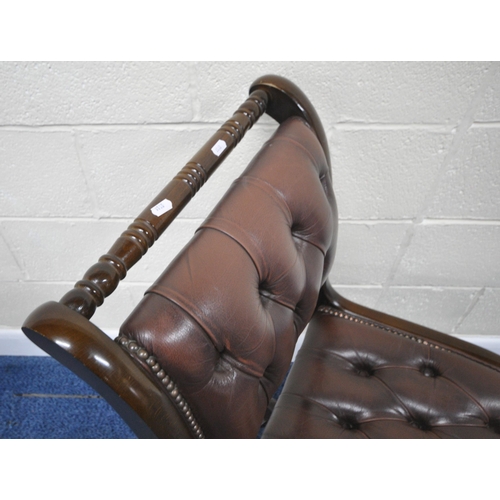 182 - A BURGUNDY LEATHER SWIVEL OFFICE CHAIR, raised on five legs with castors, width 50cm x depth 64cm x ... 