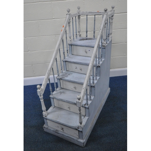 185 - A SET OF PAINTED FREESTANDING STEPS, with low banisters, each step with a single drawer, width 51cm ... 