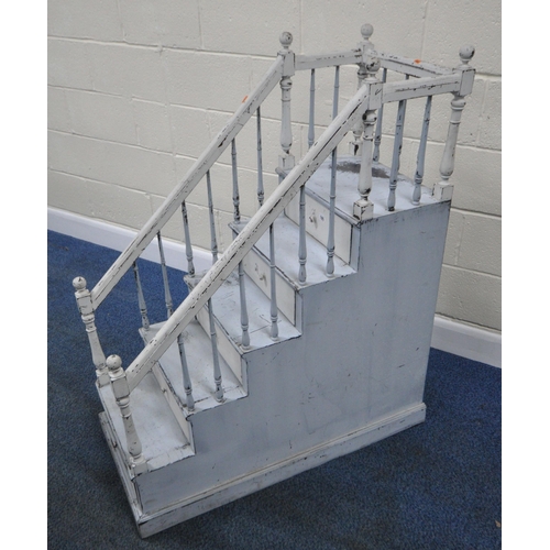 185 - A SET OF PAINTED FREESTANDING STEPS, with low banisters, each step with a single drawer, width 51cm ... 