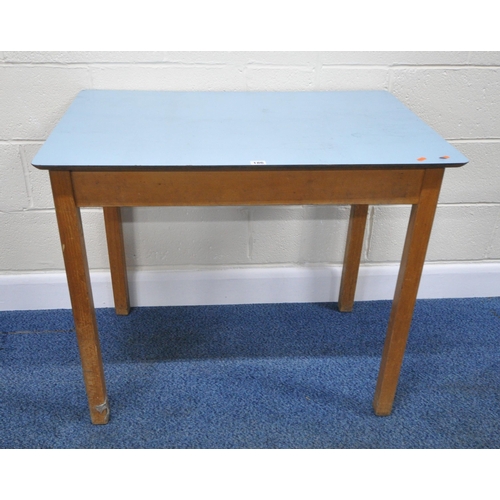 186 - A 20TH CENTURY BLUE FORMICA TOP RECTANGULAR TABLE, width 91cm x depth 61cm x height 77cm, condition ... 