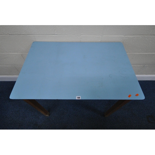 186 - A 20TH CENTURY BLUE FORMICA TOP RECTANGULAR TABLE, width 91cm x depth 61cm x height 77cm, condition ... 