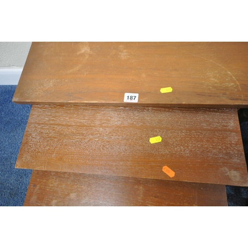 187 - A MID-CENTURY TEAK  NEST OF THREE TABLES, largest table width 57cm x depth 40cm x height 51cm, along... 