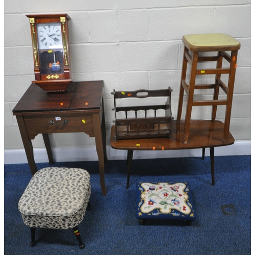 188 - A SELECTION OF OCCASIONAL FURNITURE, to include a newhome sewing machine, a sewing box, a wall clock... 