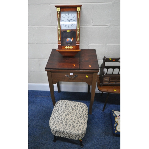 188 - A SELECTION OF OCCASIONAL FURNITURE, to include a newhome sewing machine, a sewing box, a wall clock... 