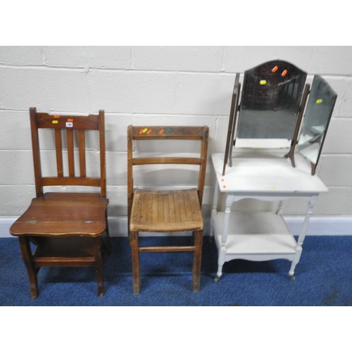 189 - A SET OF EARLY 20TH CENTURY LIBRARY STEPS, a pair of stacking chairs, a white painted two tier troll... 
