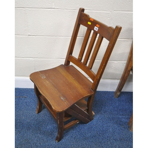 189 - A SET OF EARLY 20TH CENTURY LIBRARY STEPS, a pair of stacking chairs, a white painted two tier troll... 