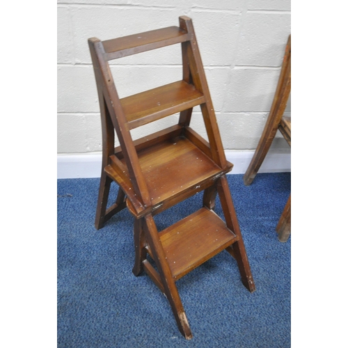 189 - A SET OF EARLY 20TH CENTURY LIBRARY STEPS, a pair of stacking chairs, a white painted two tier troll... 