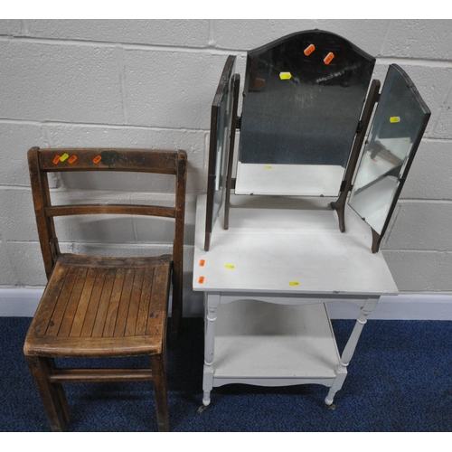 189 - A SET OF EARLY 20TH CENTURY LIBRARY STEPS, a pair of stacking chairs, a white painted two tier troll... 