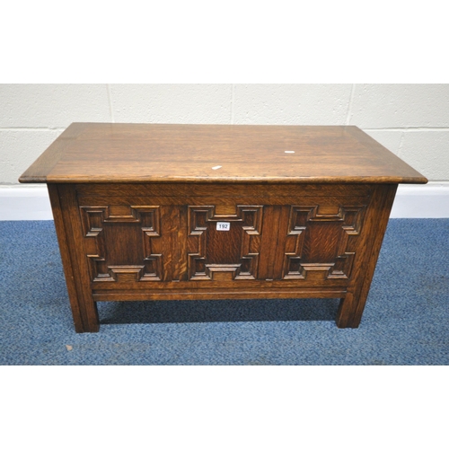 192 - A 20TH CENTURY OAK BLANKET CHEST, with three geometric panels to the front, width 91cm x depth 45cm ... 