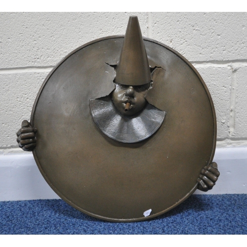 193 - ANDRE WALLACE, A BRONZE EFFECT 'THE JOKER' WALL HANGING WATER FOUNTAIN, disk diameter 49cm x width 5... 