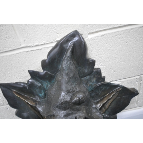 195 - POSSIBLY DAVID GOODE 'LEAFY HEAD' A CAST BRONZE WATER FEATURE, width 57cm x 66cm, condition report: ... 